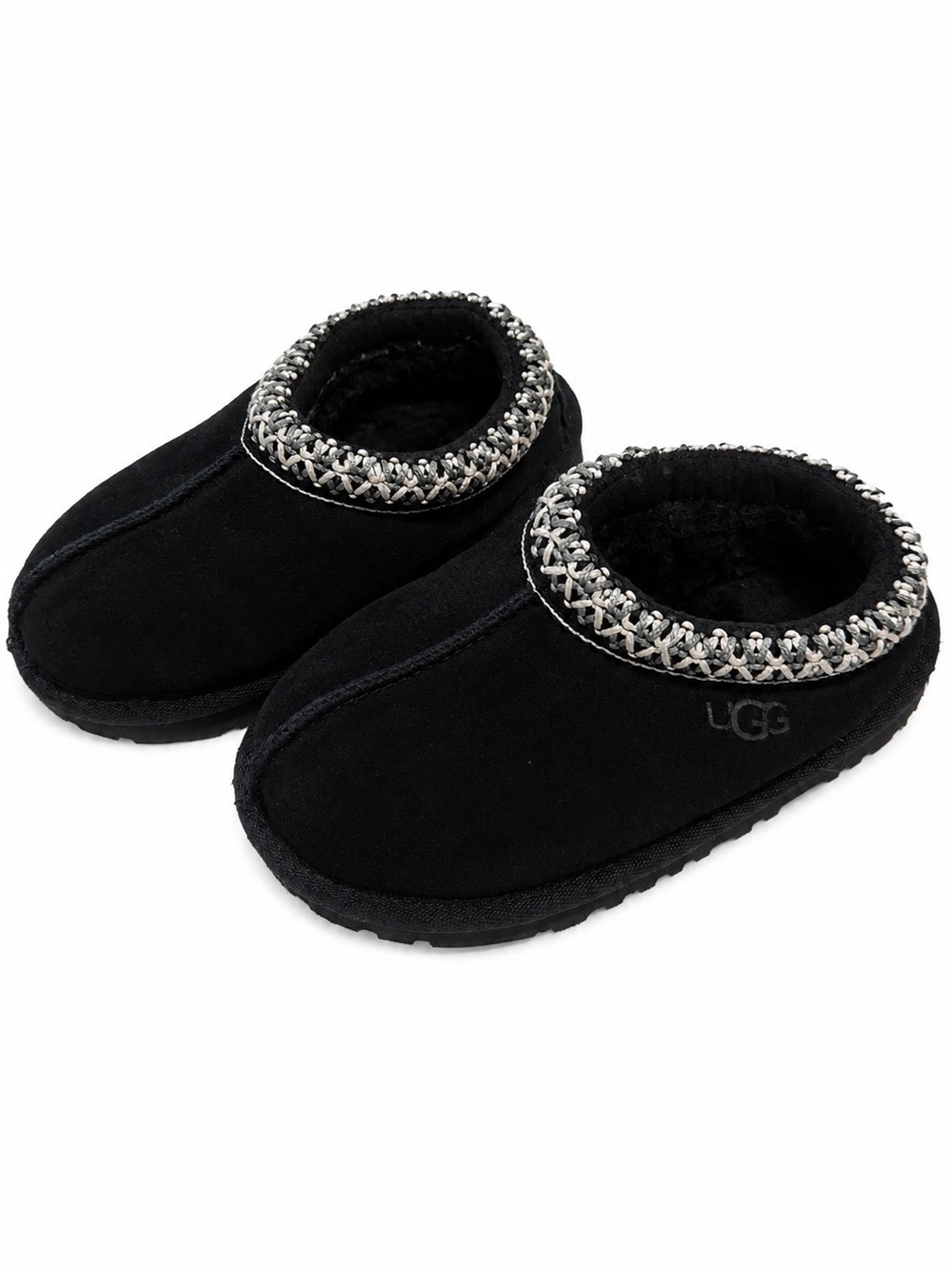UGG Kids Black Suede Slip-On Moccasin Slippers with Braided Trim